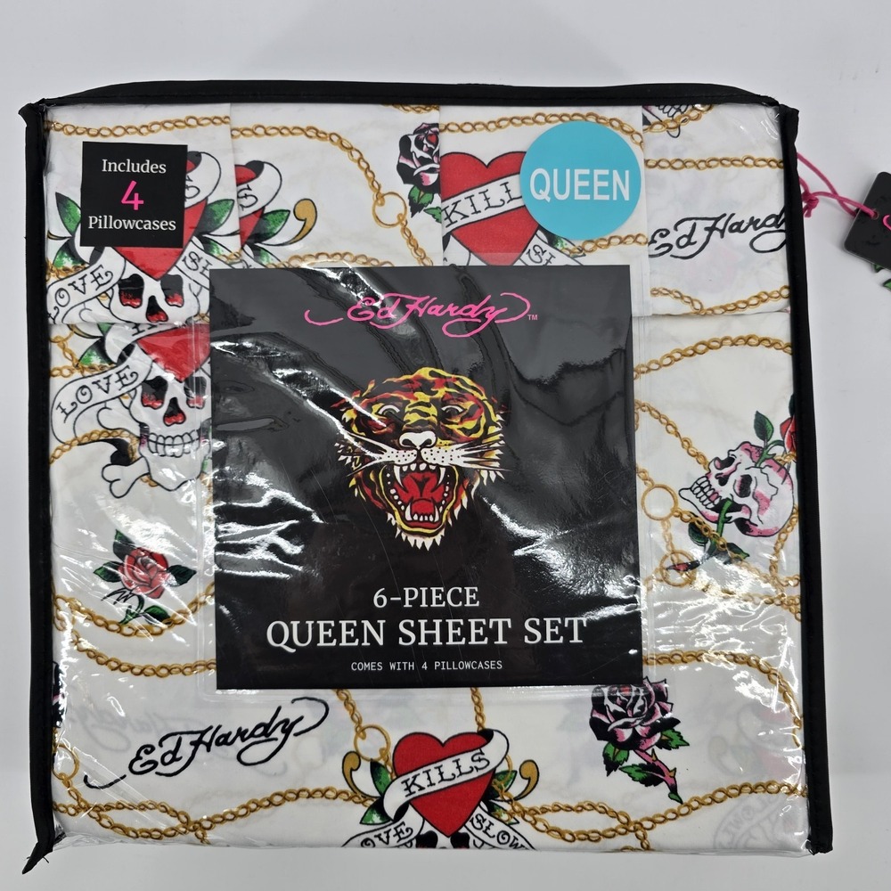 Ed Hardy Queen 6pc‎ Sheet Set White Red Skull Roses Hearts Love Kills Slow New